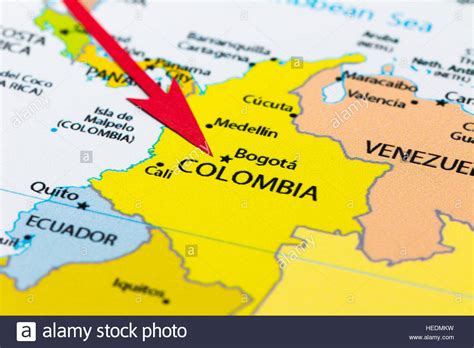 Red arrow pointing Colombia on the map of south America ...