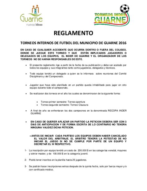 Reglamento fútbol TORNEOS INDER GUARNE 2016