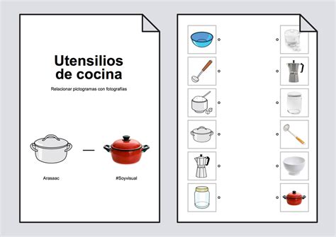 Relacionar utensilios de cocina: pictogramas fotografías ...