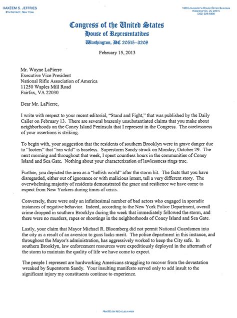 Rep. Jeffries Response Letter to the NRA s Wayne LaPierre ...