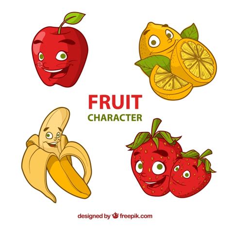 Selección de cuatro personajes de fruta felices ...