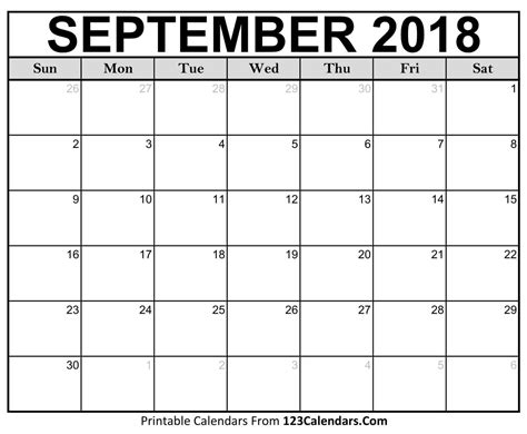 September 2018 Calendar Printable Template with Holidays ...