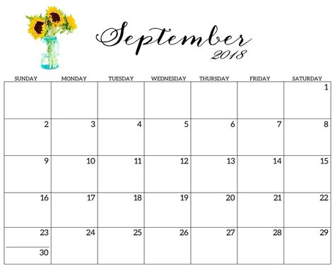 September 2018 Calendar Printable Template with Holidays ...