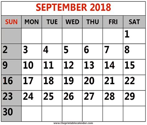 September 2018 printable Calendars