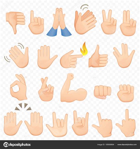 Set di simboli e icone del fumetto di mani. Icone di emoji ...