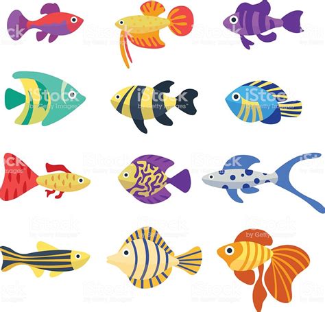 Set Of Aquarium Fish Cute Cartoon Colorful Different Fish ...