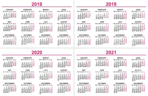 Set Wall Calendar 2018 2019 2020 2021 Grid Template Stock ...