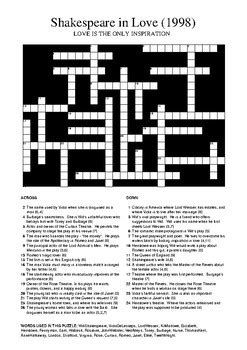 Shakespeare in Love   Crossword Puzzle by M Walsh | TpT