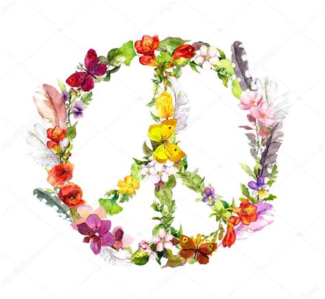 Signo de la paz   flores y plumas estilo boho. Acuarela ...