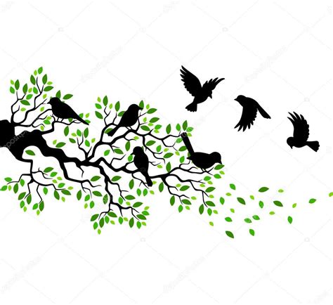 Silueta de árbol con pájaros volando — Vector de stock ...