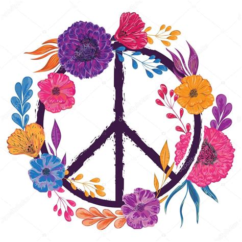 Símbolo de paz hippie con flores, hojas y brotes ...