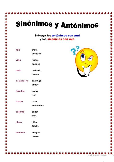 Sinónimos y antónimos trabajos   Hojas de trabajo de ELE ...