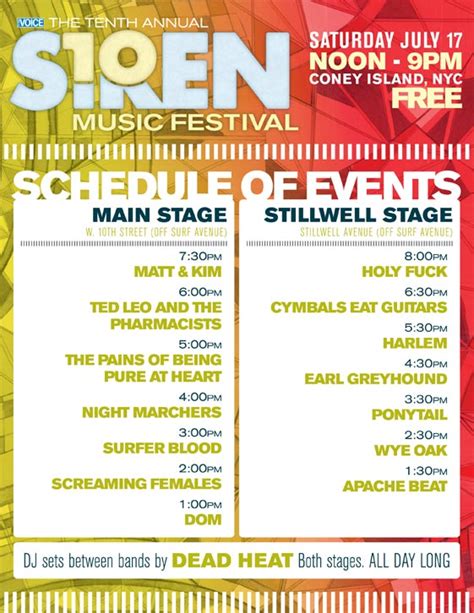 Siren Music Festival 2010 : Schedule of Events