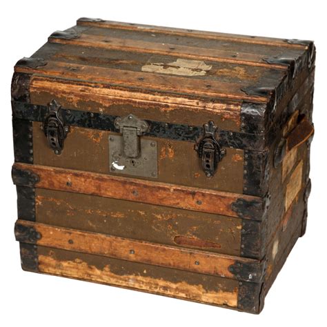Small 1800s Wood and Metal Trunk with Paper Labels at 1stdibs