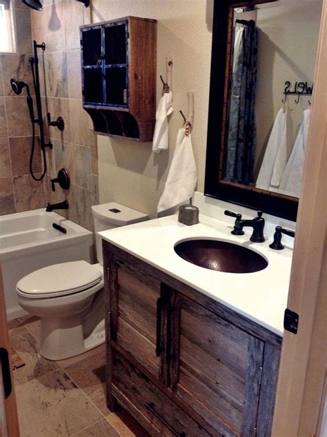 Small,  modern rustic  cabin bathroom remodel with grey ...