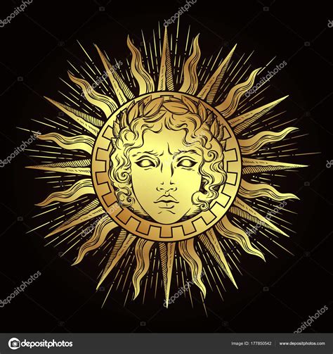 Sol con cara de Dios griego y romano Apolo en dibujado a ...