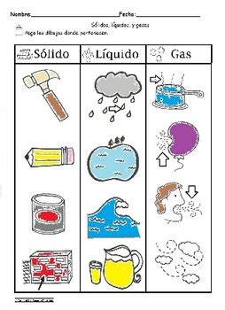 Solido Liquido y Gas Spanish Sorting Worksheet Science C ...