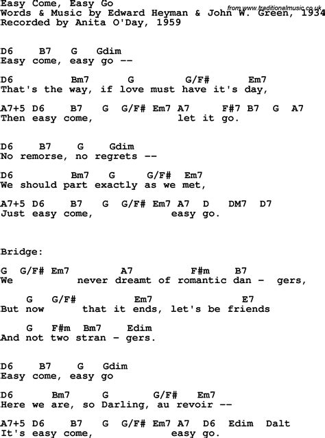 Song lyrics with guitar chords for Easy Come, Easy Go ...