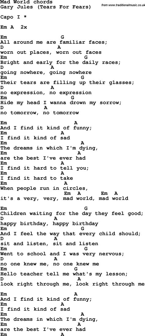 Song lyrics with guitar chords for Mad World | Chords ...