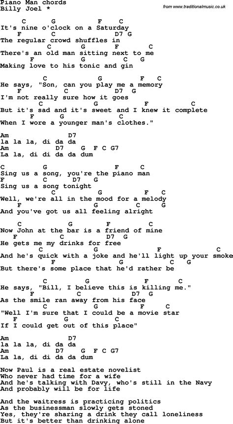 Song lyrics with guitar chords for Piano Man