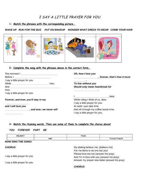 Song Worksheet: I Say a Little Prayer for You [Present ...