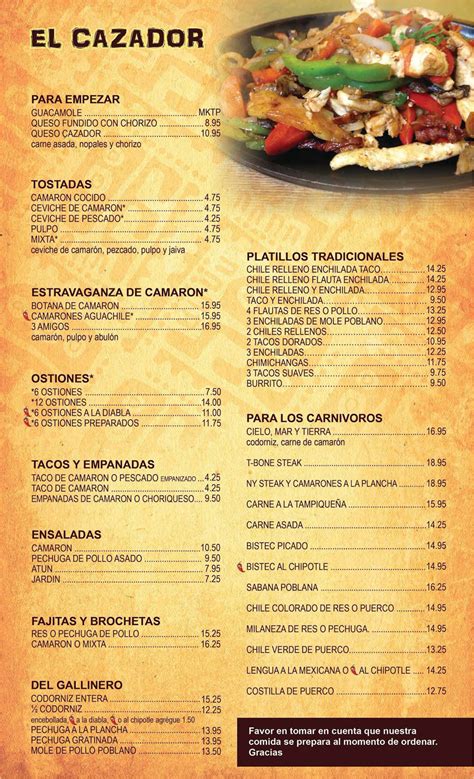 Spanish Menu | El Cazador Mexican Restaurant
