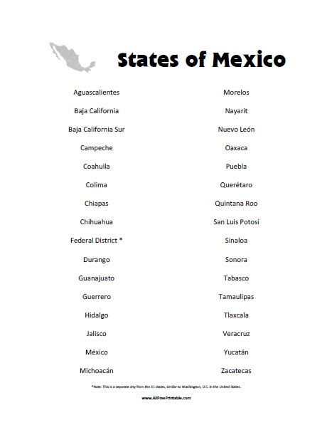 States of Mexico List   Free Printable   AllFreePrintable.com