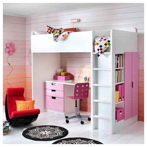 STUVA Loft bed combo w 3 drawers/2 doors White/pink ...