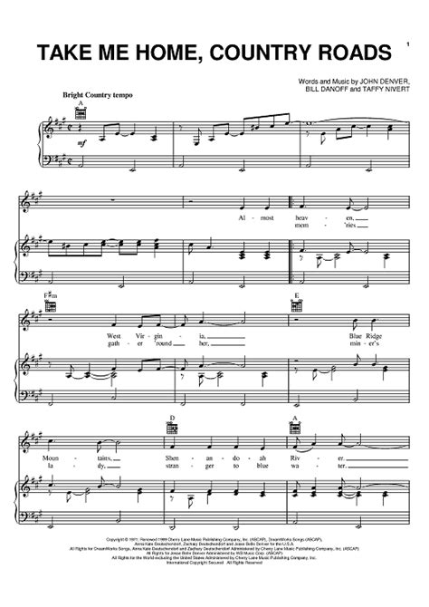 Take Me Home, Country Roads Sheet Music by Olivia Newton ...