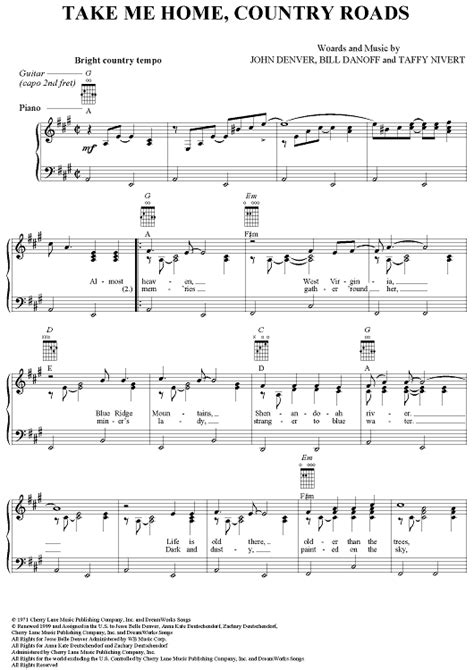 Take Me Home, Country Roads Sheet Music   For Piano and ...