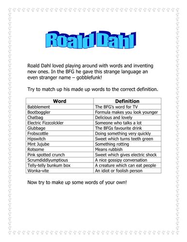 The BFG by Roald Dahl: Word match activity by ...