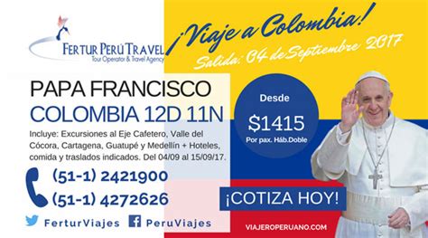 Tour visita del Papa Francisco a Colombia en Septiembre 2017