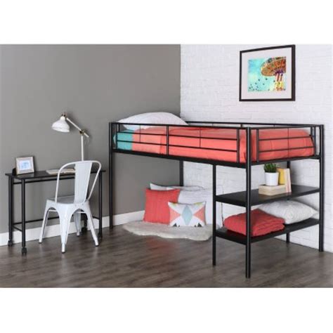 Twin Metal Loft Bed with Desk and Shelving   Black ...