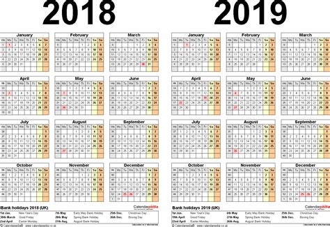 Two year calendars for 2018 & 2019  UK  for Excel