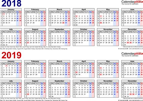 Two year calendars for 2018 & 2019  UK  for Excel