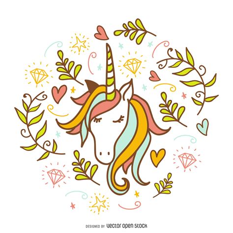 Unicorn doodle with decorations   Free Vector