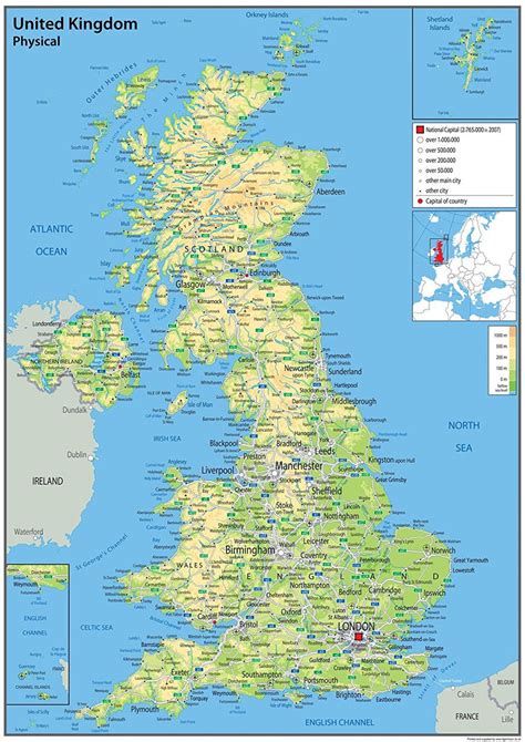 UNITED KINGDOM  UK  Wall Map Physical A1 Paper Laminated ...