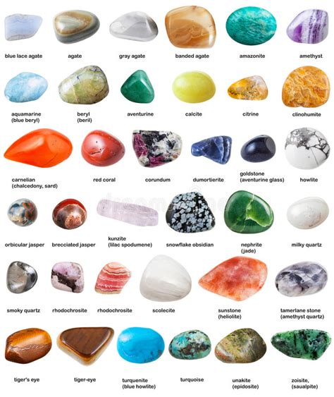 Various Tumbled Gemstones With Names Isolated Stock Photo ...
