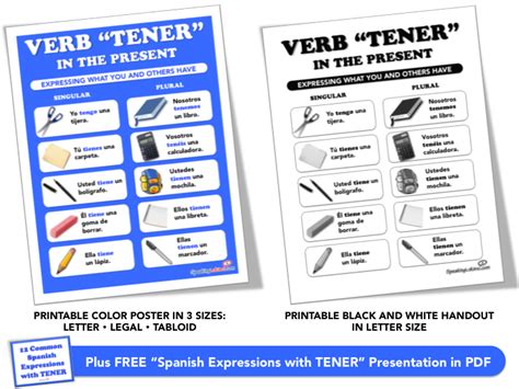 Verb TENER Conjugation Printable Poster and Handout