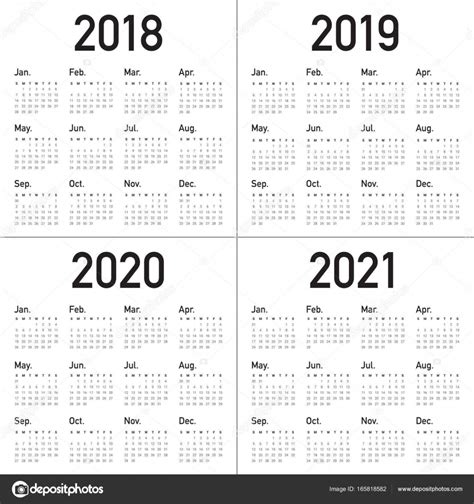 Vetor de calendário ano 2018 2019 2020 2021 — Vetor de ...