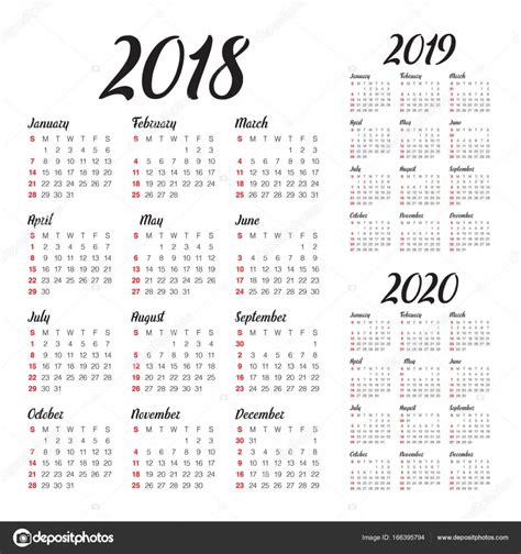 Vetor de calendário ano 2018 2019 2020 — Vetores de Stock ...