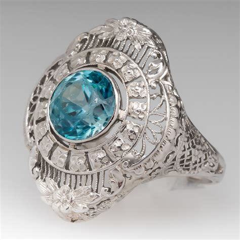 Vintage Jewelry Blue Zircon Filigree Ring 18K White Gold