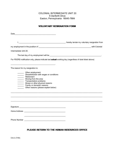 Voluntary Resignation Form printable pdf download