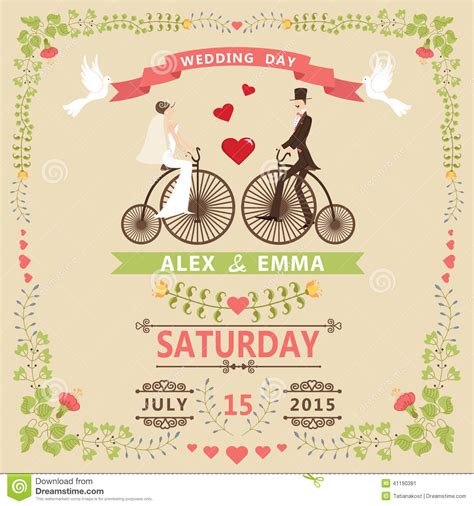 Wedding Invitation With Bride,groom,retro Bicycle,floral ...
