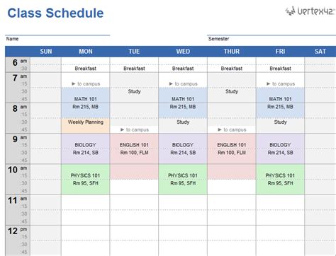 Weekly Class Schedule Template for Excel