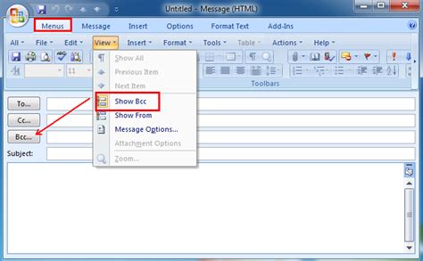 Where is Bcc in Microsoft Outlook 2007