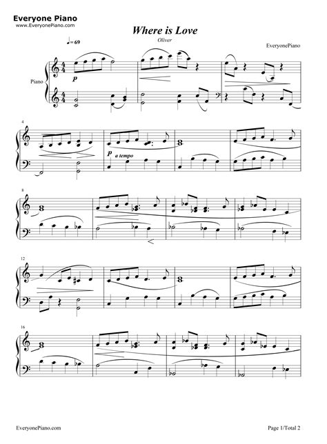 Where is Love Oliver Stave Preview 1  Free Piano Sheet ...
