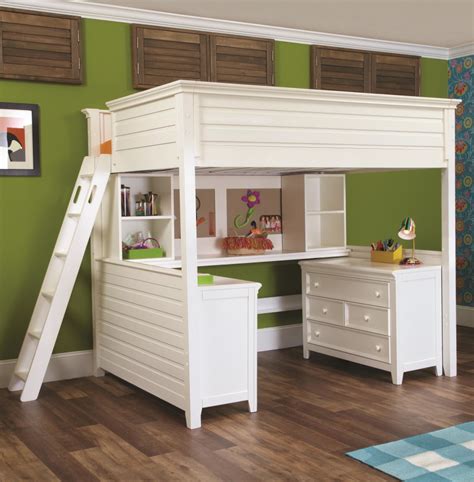 White Wooden Loft Bed With Long Desk On The Middle Of ...