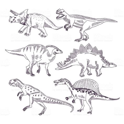 Wild Life With Dinosaurs Hand Drawn Illustrations Set Of T ...