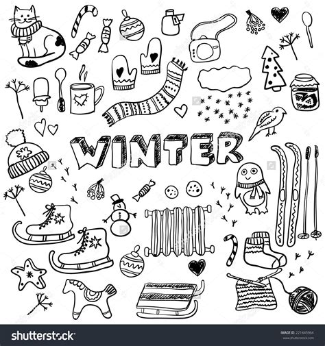 Winter doodles collection. Stylish design elements: ice ...